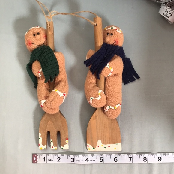 RARE vintage fabric gingerbread men fork & spatula kitchen Christmas ornaments - Picture 9 of 12